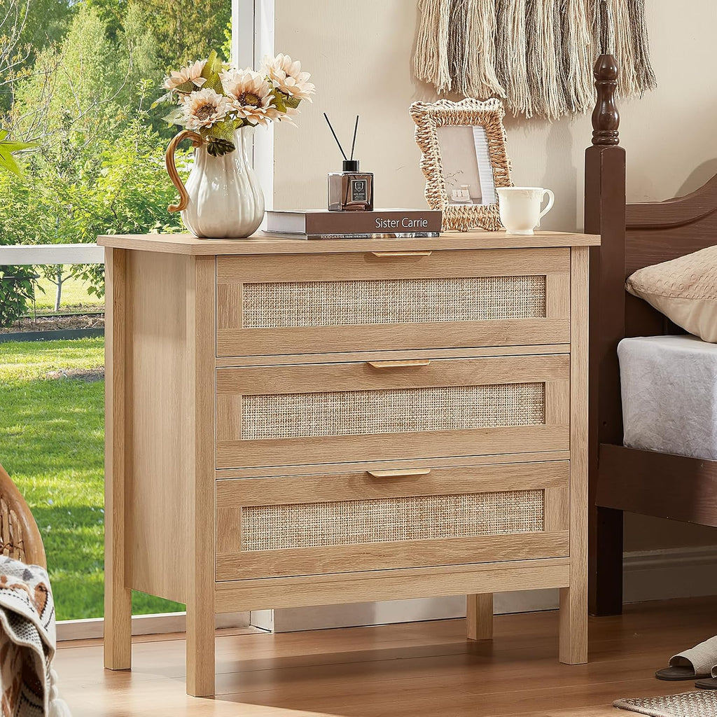 LEYAOYAO 31.5" Wide Rattan Nightstands Set of 2, Large Boho Night Stand | 3 Drawer Bedside Table with Storage, Tall Bed Side End Tables for Bedroom, Living Room, Hallway (Natural)