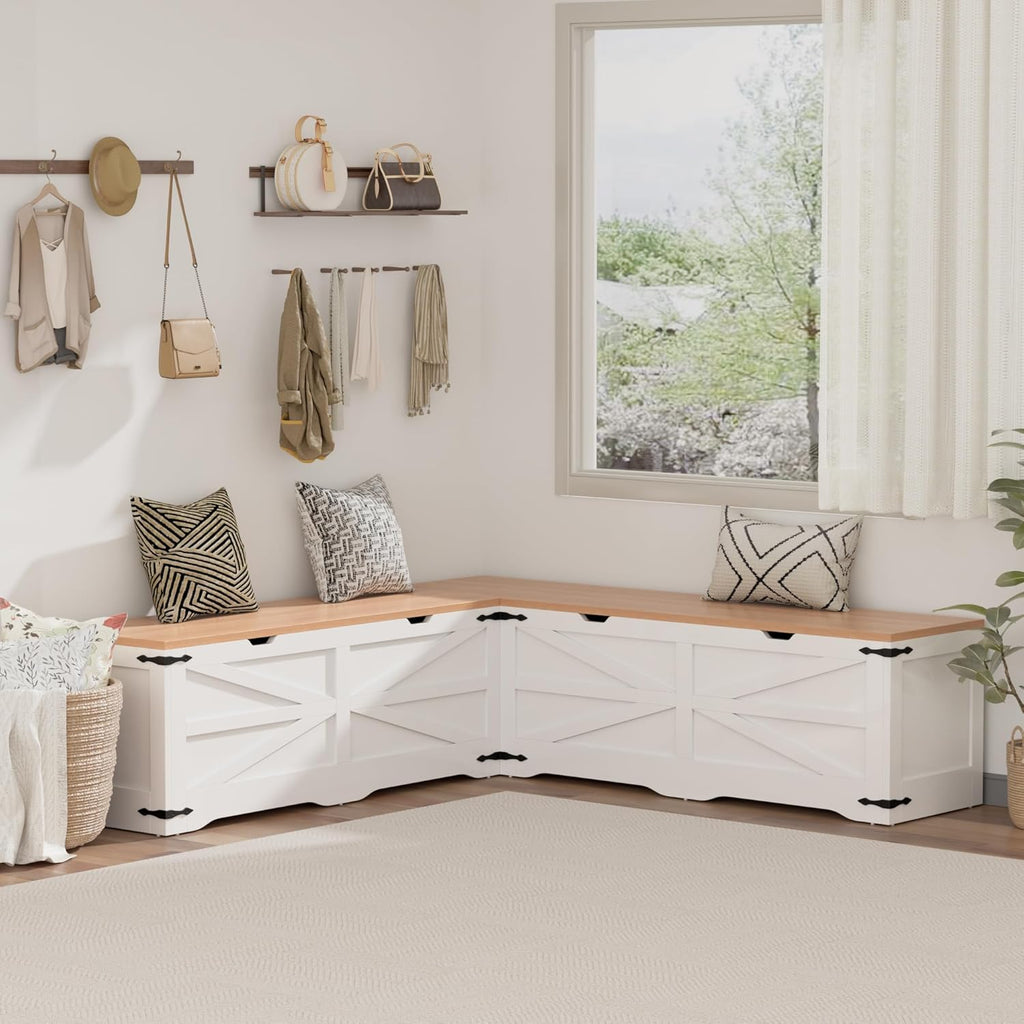 L Shape Storage Bench, Kitchen Breakfast Nook Bench, Farmhouse Corner Bench with Storage for Entryway, Dining Room, Kitchen