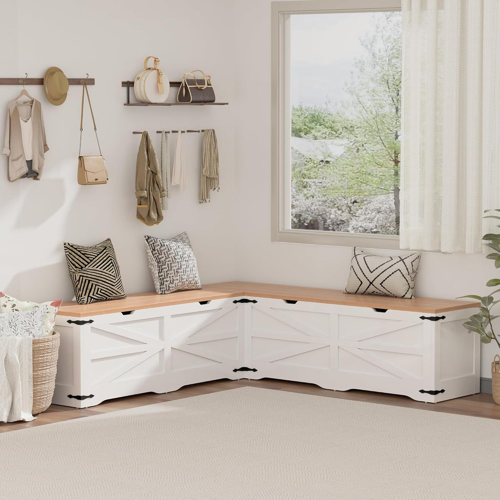 L Shaped Storage Bench, Farmhouse Kitchen Breakfast Nook Bench, Backless Corner Bench with Storage for Dining Room, Cloakroom, Entryway