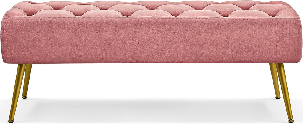 Topeakmart Dining Bench, Button-Tufted Upholstered Bench with Gold Metal Base for Kitchen, Living Room, Entryway - Pink