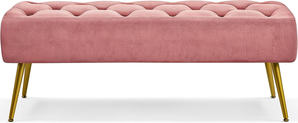 Topeakmart Dining Bench, Button-Tufted Upholstered Bench with Gold Metal Base for Kitchen, Living Room, Entryway - Pink