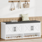 Farmhouse Storage Bench, Entryway Bench with Adjustable Shelves | 47.2" Shoe Storage Bench with Cushion, Hidden Shoe Cabinet Storage for Entryway, Hallway, Living Room, Bedroom, White