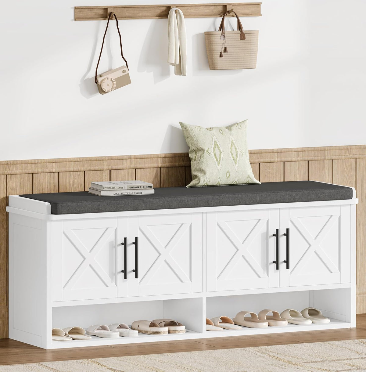 Farmhouse Storage Bench, Entryway Bench with Adjustable Shelves | 47.2" Shoe Storage Bench with Cushion, Hidden Shoe Cabinet Storage for Entryway, Hallway, Living Room, Bedroom, White