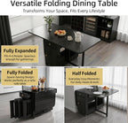 Small Foldable Dining Table - 59" Fully Assembled Drop Leaf Tables for Small Spaces with Storage & Lockable Wheels, 4-6 Seater Space-Saving Furniture for Dining Room, Black