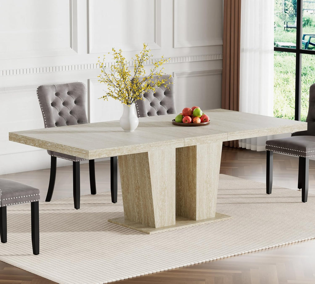 78.74" Rectangular Extendable Dining Room Table for 6 8 10, Modern Faux Travertine Farmhouse Wooden Kitchen Conference Expanding Table with Dual Columns Base, Long Large Expandable, White Oak