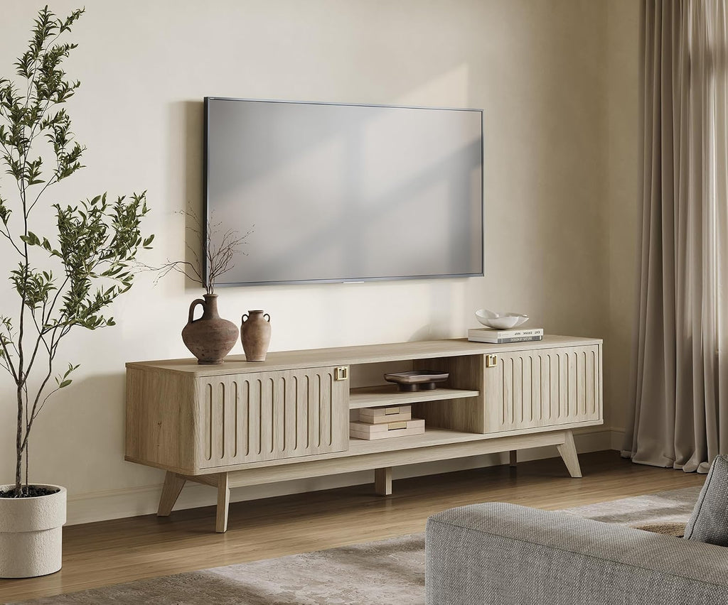SICOTAS Fluted Modern TV Stand, 70" TV Console for Living Room | Mid Century Entertainment Center with Storage Cabinets, Media Console Table for 65/75/80 Inch TV, Light Oak