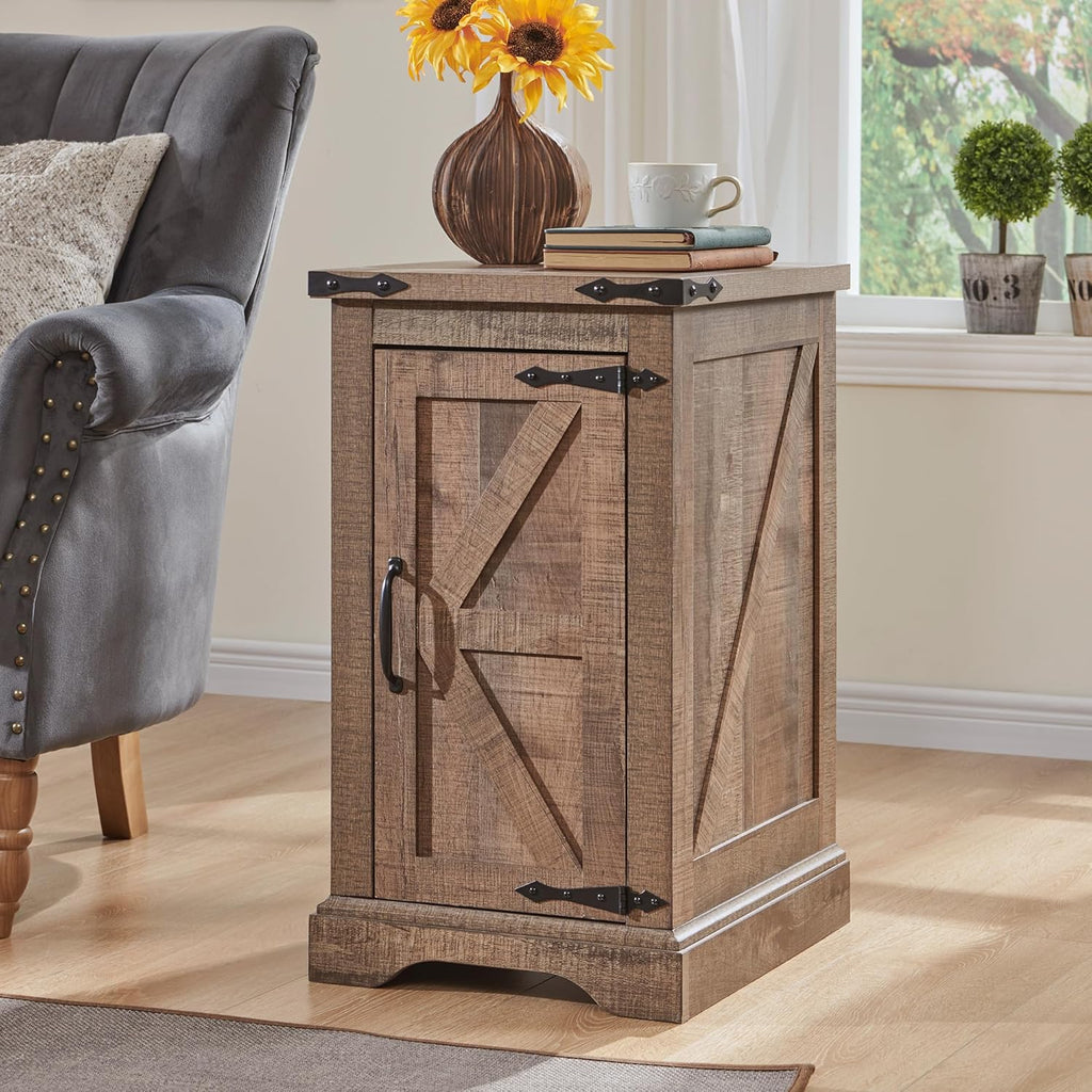 JXQTLINGMU Farmhouse Nightstand Set of 2 with Charging Station, 17"D Rectangular End Table with Barn Door & Adjustable Storage Shelf, Wood Rustic Sofa Side Table for Living Room, Bedroom, Light Brown