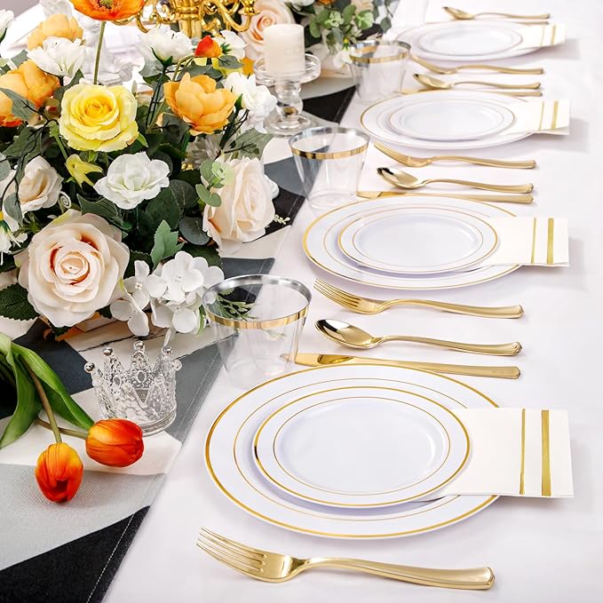 NOCCUR 700PCS Gold Plastic Plates - Gold Disposable Dinnerware Set for 100 - Include 200 Dinner/Dessert Plates, 300 Cutlery, 100 Cups, 100 Napkins, Idea for Wedding/Party/Thanksgiving