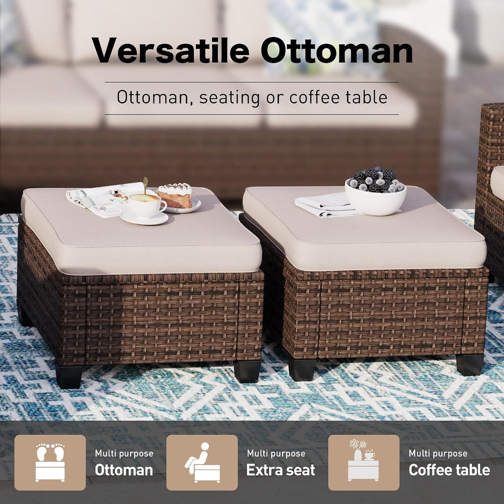 SUNSHINE VALLEY Outdoor Patio Ottomans,2 Pieces All Weather Wicker Ottomans with 4" Thick Cushions for Garden,Lawn, Backyard,Beige