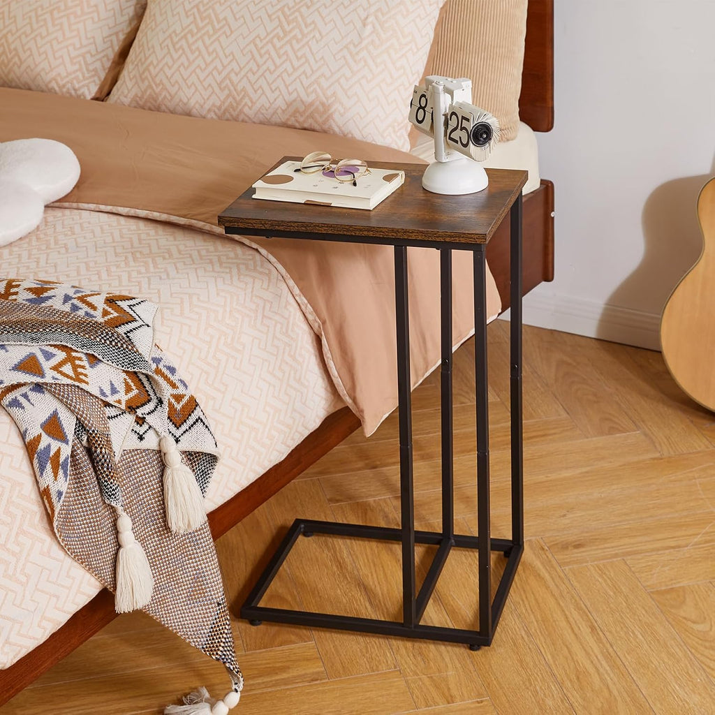 Aibiju Side Table Small End Table C Shaped, Slide Under Laptop Desk for Couch, Living Room Side Table, TV Trays for Eating on Couch, Rustic Brown+Black YD-TM051HB-2