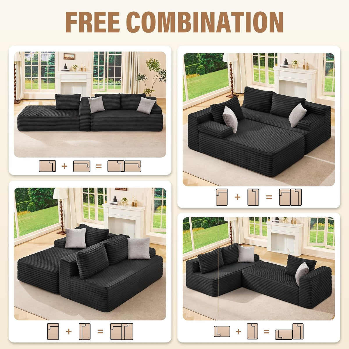 Hobestluk Couch Modular Sectional Sofa L-Shape Lounge Cloud Couch | Memory Foam,Washable Cover,No Assembly,Non-slip Base,Small Sectional Couches for Living Room | 96" Left Facing Chaise Black