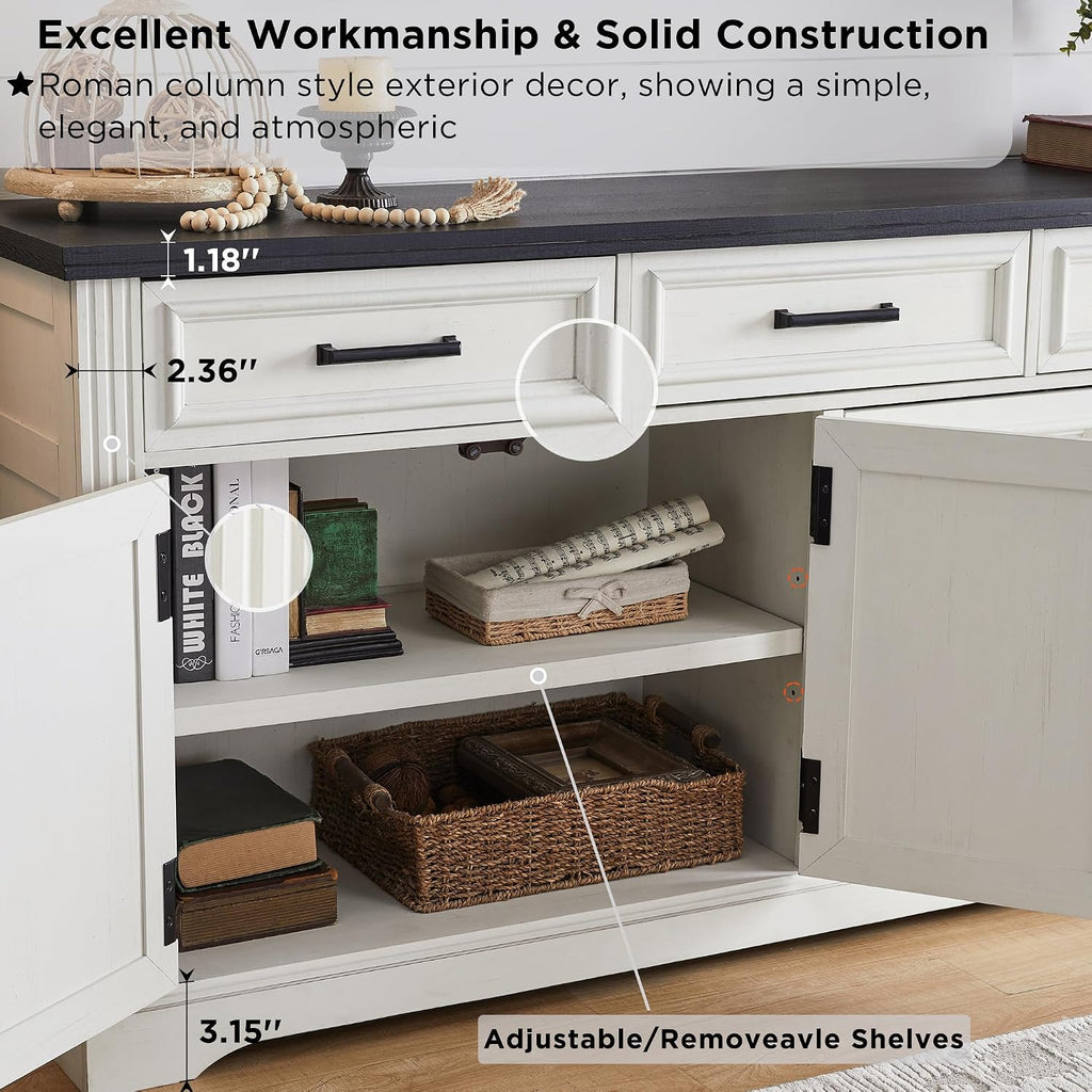 JXQTLINGMU 66" Farmhouse Buffet Cabinet with Storage, Sideboard Credenza, Carved Cloud-Inspired Doors, 3 Drawers & Adjustable Shelves, Coffee Bar Cabinet, Off White