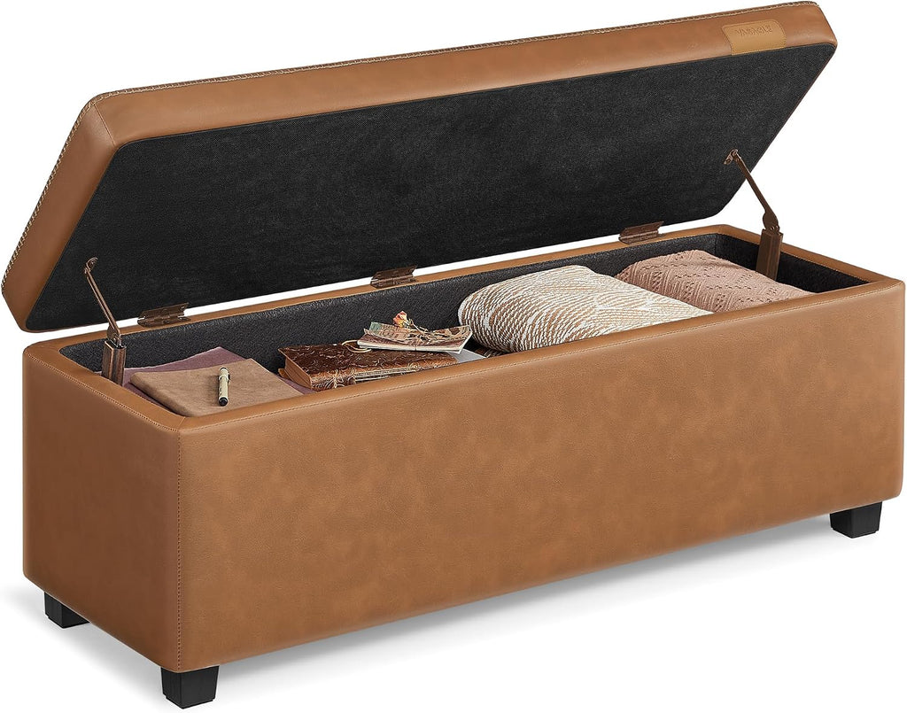 VASAGLE Storage Ottoman Bench with Stitching, PU Leather, Entryway Bedroom | Ottoman Bench, Mid-Century Modern, with Stitching, Bedroom, Living Room, Caramel Brown, EKHO Collection ULOM075K01