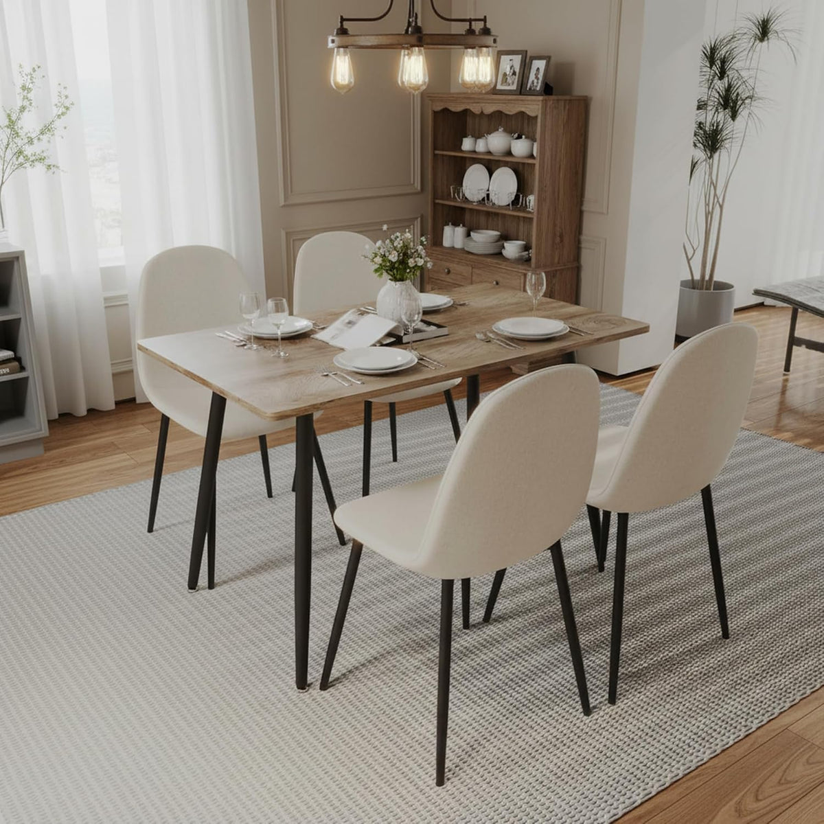 Small Dining Table Set for 4, Modern Kitchen Table Set for 4, 5 Piece Wooden Dining Table Set, 47'' Kitchen Table Set with 4 Fabric Dining Chairs Ideal for Small Spaces