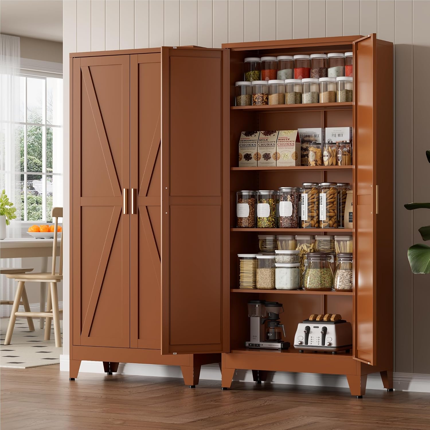 LCAOPC 71" Tall Metal Storage Cabinet with 2 Doors and 4 Adjustable Shelves, 5-Tier Kitchen Pantry Storage Cabinet for Kitchen, Living Room, Dining Room and Office, Brown