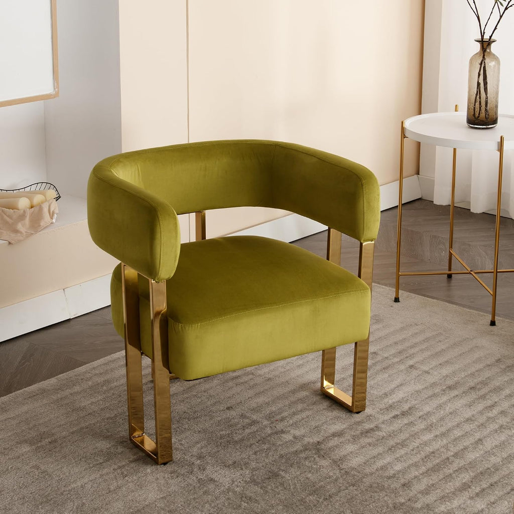 Modern Barrel Accent Chairs Set of 2, Living Room Side Chairs with Golden Metal Legs, Soft Velvet Reading Armchairs for Bedroom, Upholstered Club Chair for Reception Room/Office, Olive