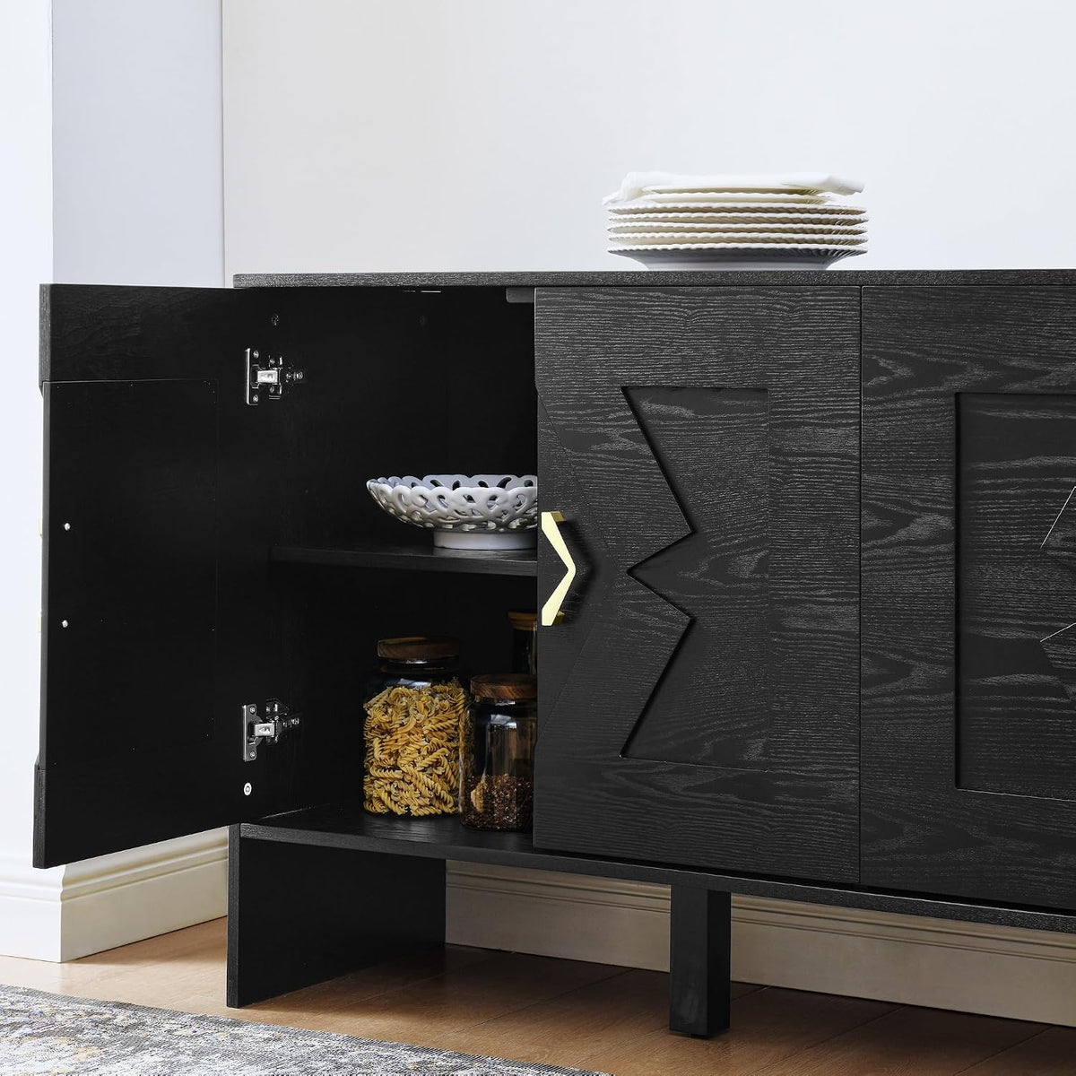 Mid Century Modern Sideboard Buffet Cabinet and TV Media Console 60 Inch with Geometric Pattern Adjustable Shelves Solid Wood Construction for Living Room Dining Room Kitchen (Black)