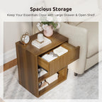 Nightstand Bedside Table Storage Drawer - Large Mid Century Modern Night Stand with Fluted Wood Storage Drawer and Open Shelf Bed Side Table for Bedroom Study Room, Walnut Brown, Set of 1