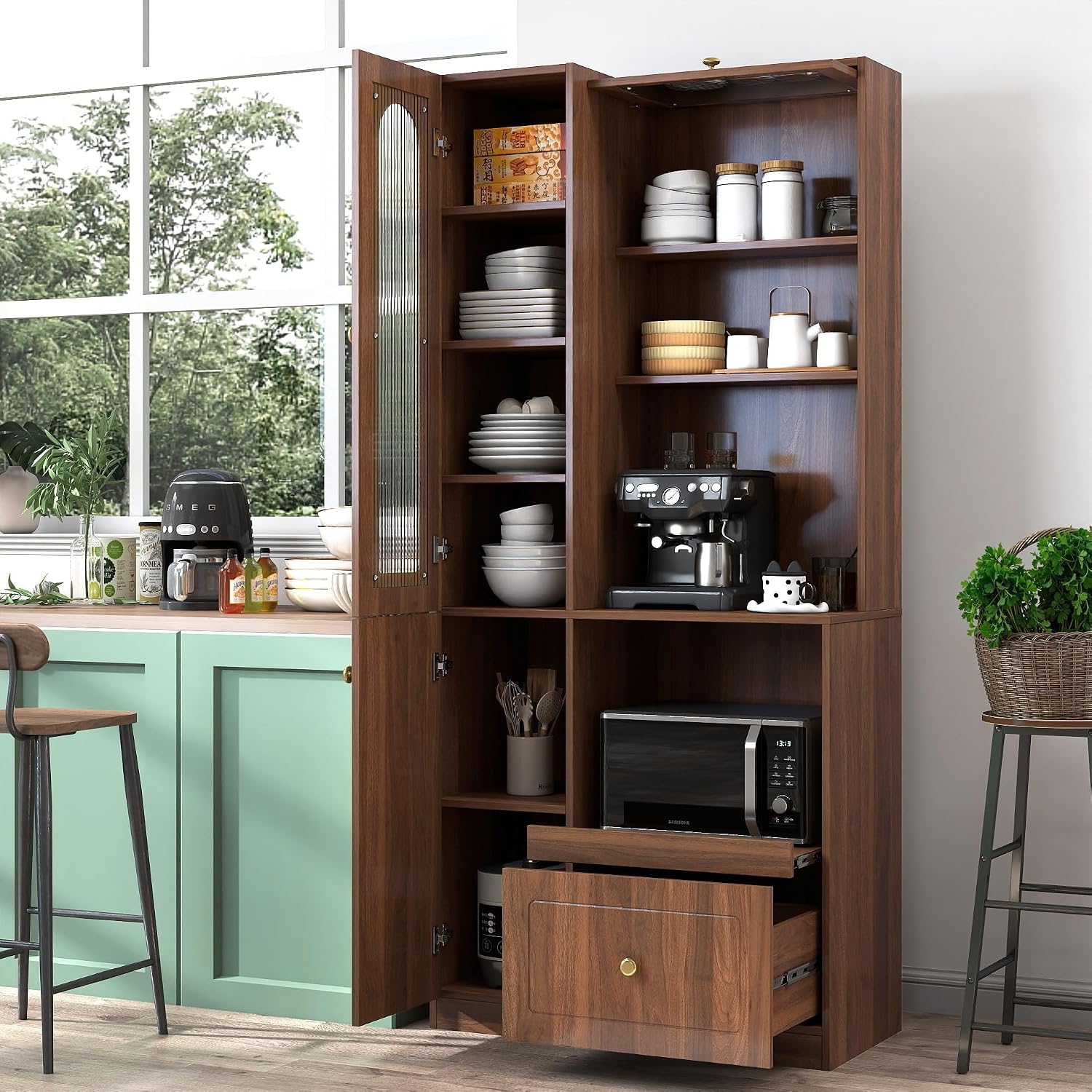 Pantry Cabinet, 71" Kitchen Buffet Hutch with Fluted Glass & Pull-Out | Multi-tier storage with fluted glass door, pull-out shelf & deep drawer for kitchen, dining room & coffee bar organizing