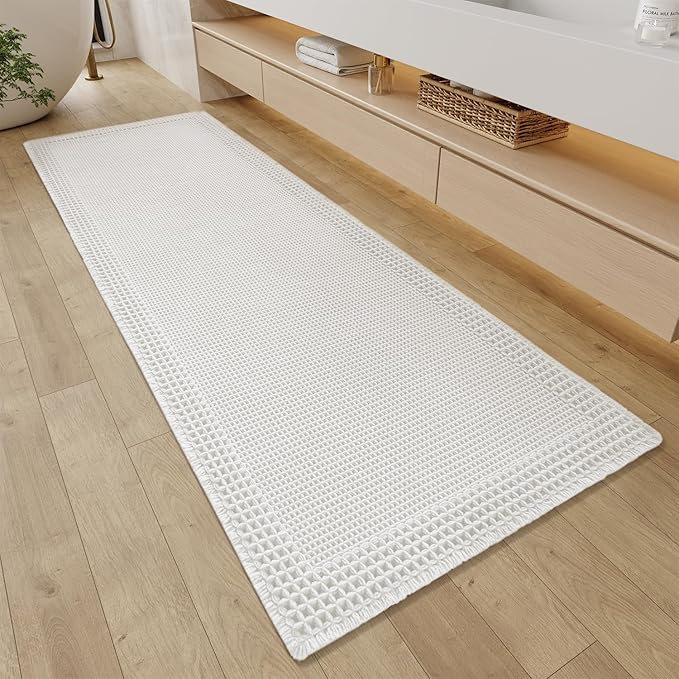 RESARE Waffle Bathroom Runner Rugs, Super Absorbent Bath Mat Non Slip Washable Quick Dry, Ultra Soft Quick Dry Boho Bath Rugs with Tassels for Hallway Bedroom Laundry Room, 2'x6'(24"x72"), White