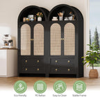 71" Arched Cabinet Kitchen Pantry Cabinet with Rattan Doors, Storage Cabinet with Drawers & Height Adjustable Shelves, Hutch Cabinets with Storage, Tall Arch Bookcase for Dining Room Kitchen, Black
