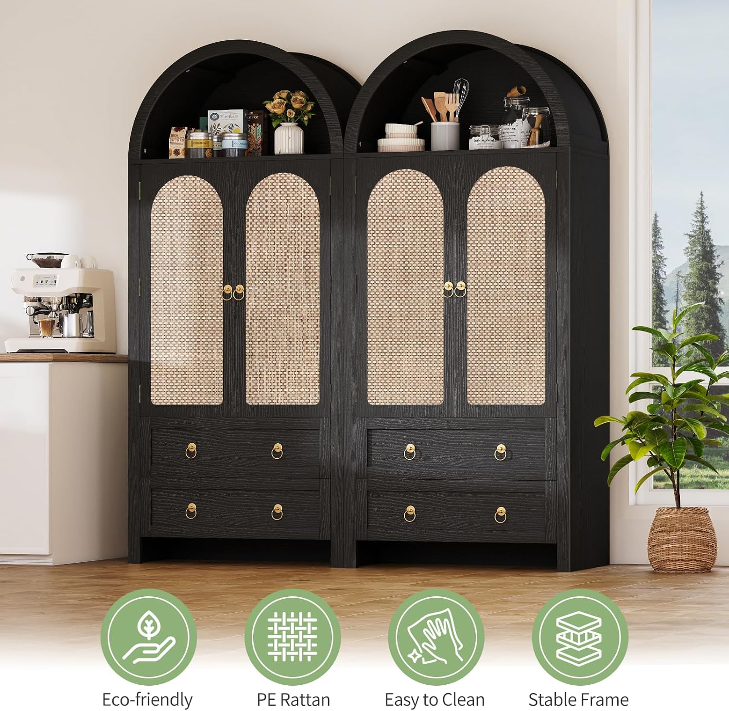 71" Arched Cabinet Kitchen Pantry Cabinet with Rattan Doors, Storage Cabinet with Drawers & Height Adjustable Shelves, Hutch Cabinets with Storage, Tall Arch Bookcase for Dining Room Kitchen, Black
