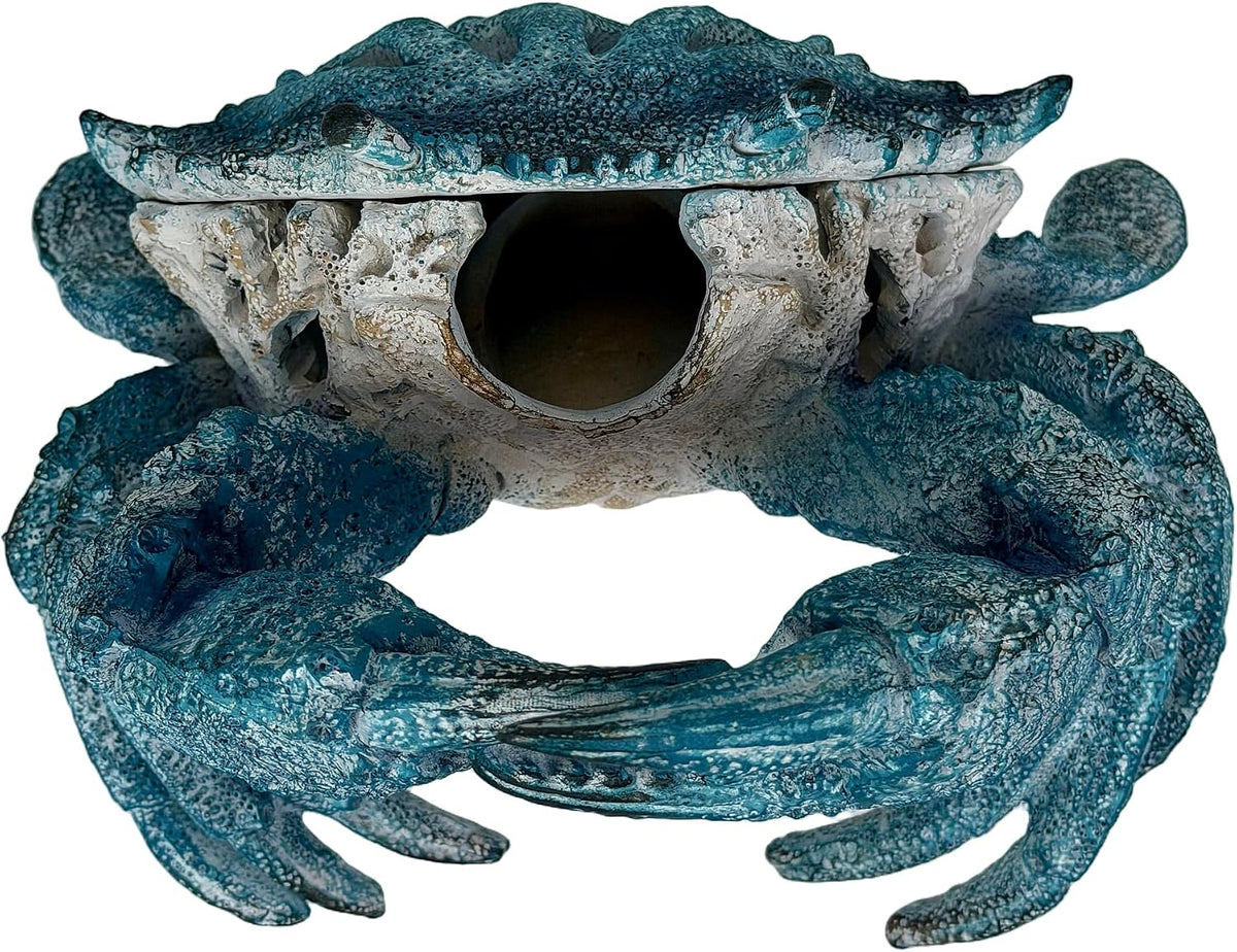 Crab Wine Bottle Holder, 8 Inch Turquoise Resin with Coral-Look Center | Raised Claws, Shell Ridges, Textured Legs, Distressed Whitewashed Finish, Open Center for Angled Display