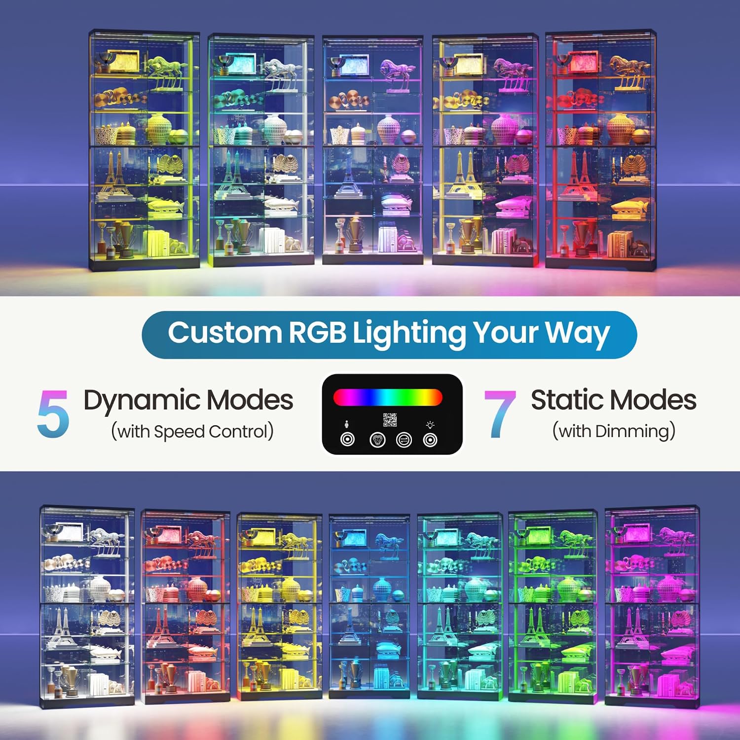Lvifur 10-Tier Glass Display Cabinet with RGB Light and Motion Sensor,Black