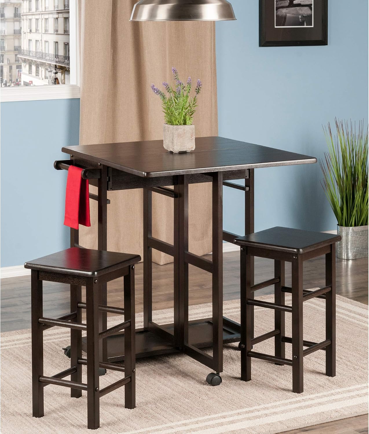 Winsome Suzanne Kitchen Table Set with Stools, Coffee, 33" | Convenient Sturdy Mobile Kitchen & Dining Room Table & Chairs with Storage for Small Spaces, Dorms, Apartments