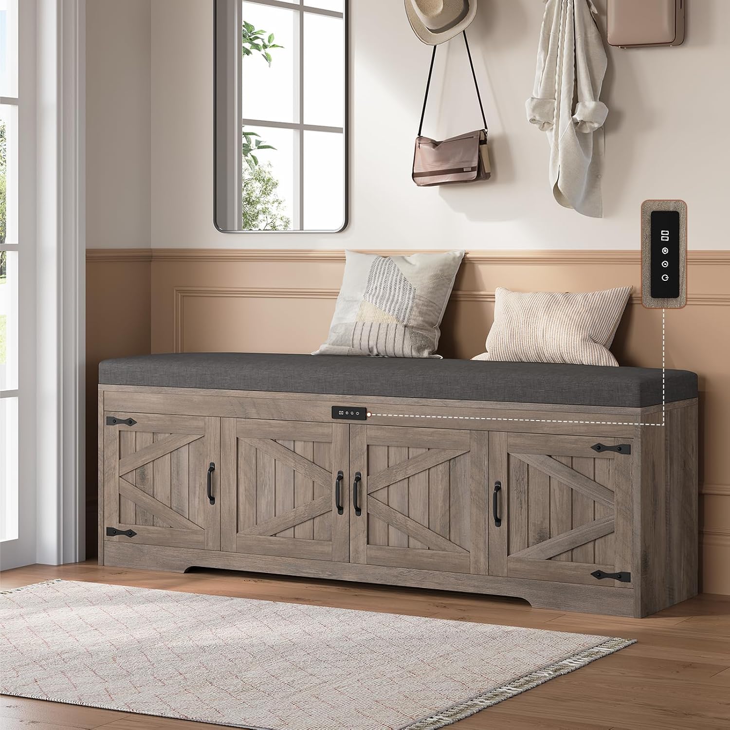 UPOSOJA 60“ Farmhouse Shoe Storage Bench with Deodorizing, Entryway Storage Bench with Cushion Seat, 4 Doors Freestanding Hidden Shoe Rack, Adjustable Shelf, for Bedroom, Living Room (Gray Wash, 60IN)