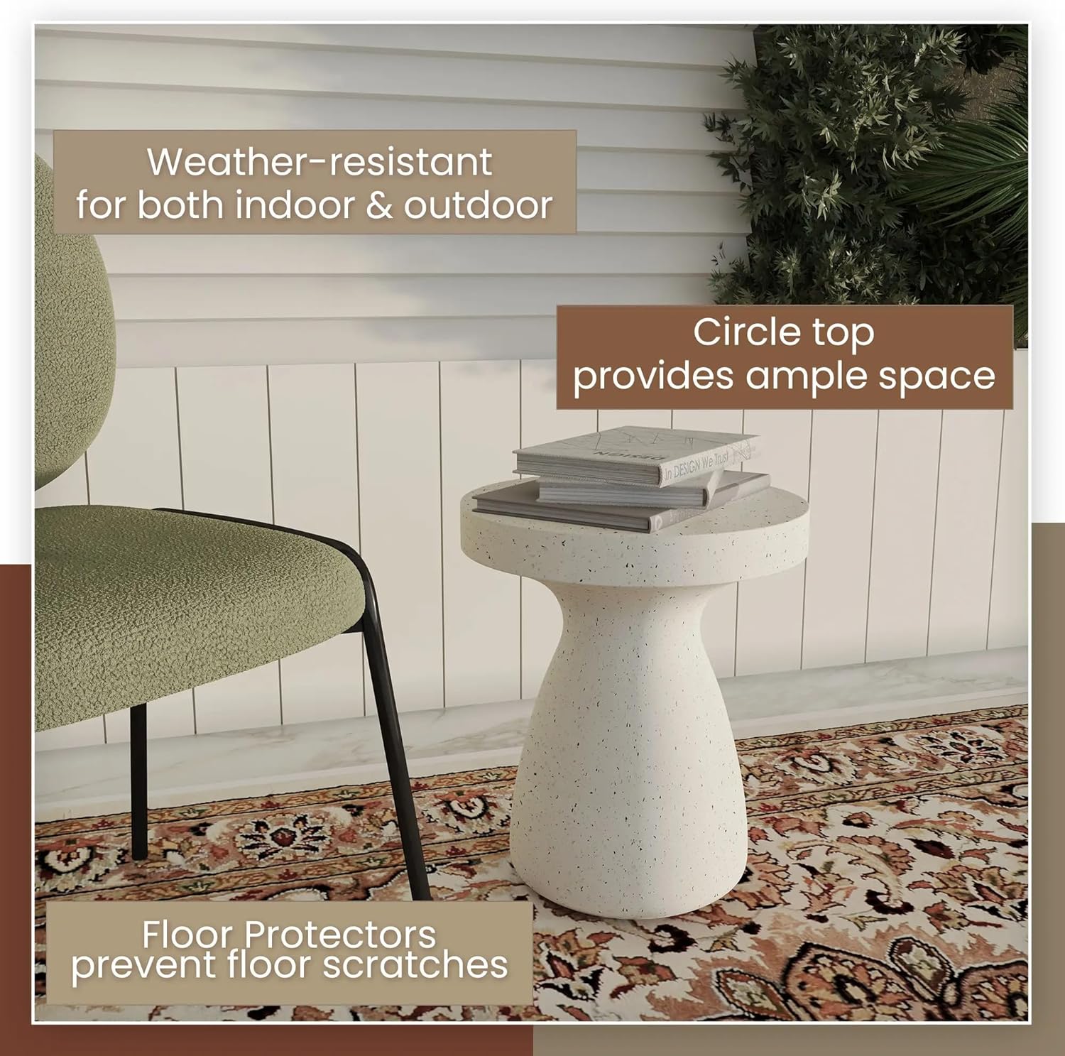 LeisureMod Wisp 16" Modern Wide Round Fiberstone Hourglass Design Side Table - Stylish Accent End Table
