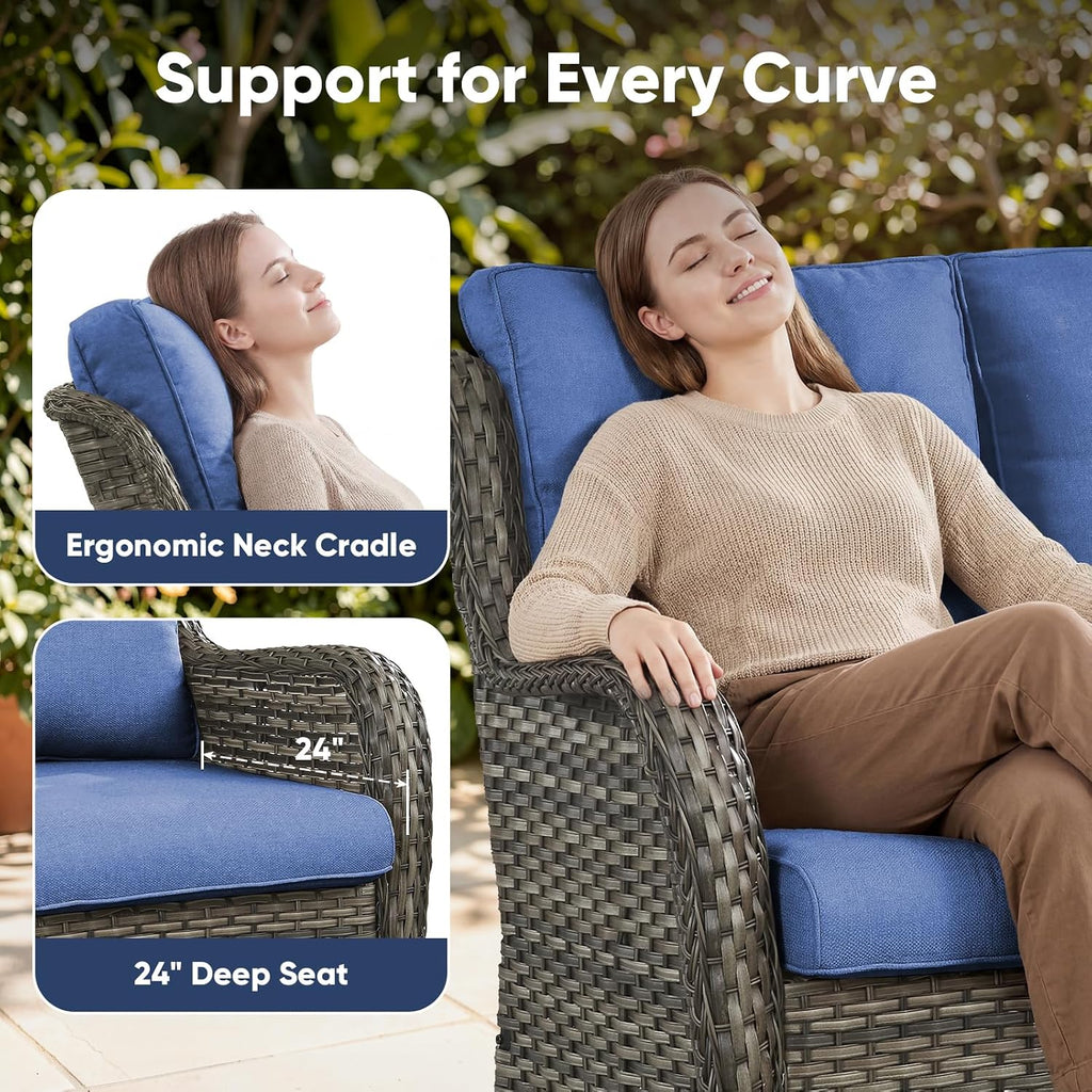 Belord Patio Sofa Luxury PE Wicker 3-Seater Outdoor Couch, Modern All-Weather High Back Deep Seat Woven Furniture Set for Porch, Deck, Balcony, Backyard - Grey/Blue