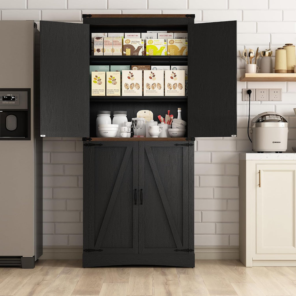 Hlivelood 71" Tall Kitchen Pantry,Farmhouse Storage Cabinet with Adjustable Shelves,Load-Bearing Steel Pipe,Farmhouse Pantry Cabinet with 4 Barn Doors,for Kitchen,Dining Room,Living Room(Black)