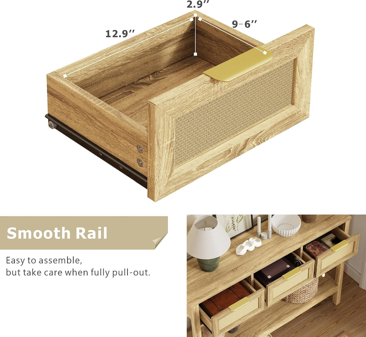 KIGOTY Console Table with Charging Station, Rattan Style Sofa Table Behind The Couch, Farmhouse Entryway Table with 3 Drawers for Hallway, Living Room (Light Yellow, Faux Rattan)