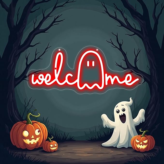 Halloween Welcome Ghouls Neon Sign, Spooky Ghost LED Halloween Decor, Haunted House Entryway Light, Available Gothic Haunted Mansion Light for Bedroom Bar Cave Room Decor Party Home-Red