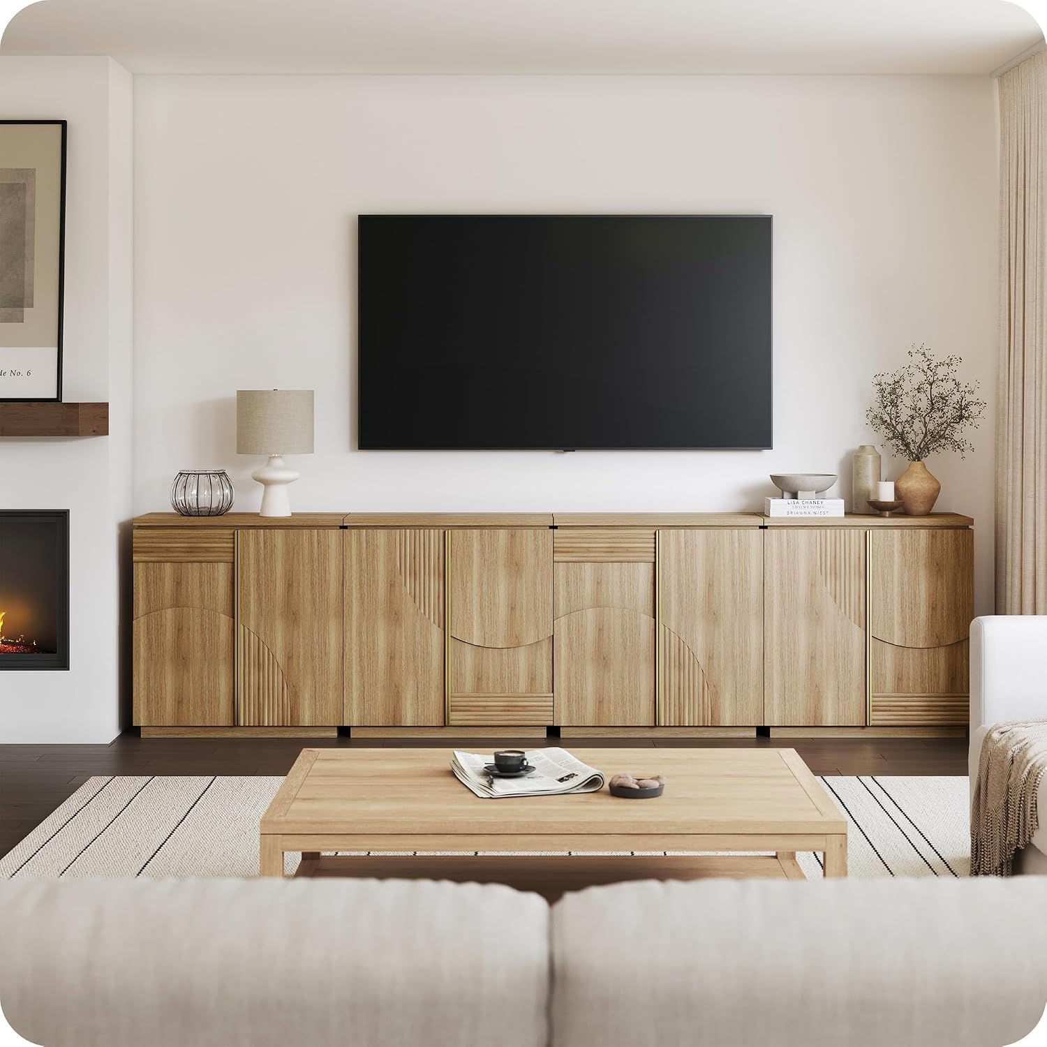 BELLEZE 94'' Mid Century Modern Sideboard Cabinet, Wood Arched Accent Buffet Cabinet with Storage, Credenza Console Table for Dining Room, Kitchen, and Living Room Hallway (Camel)