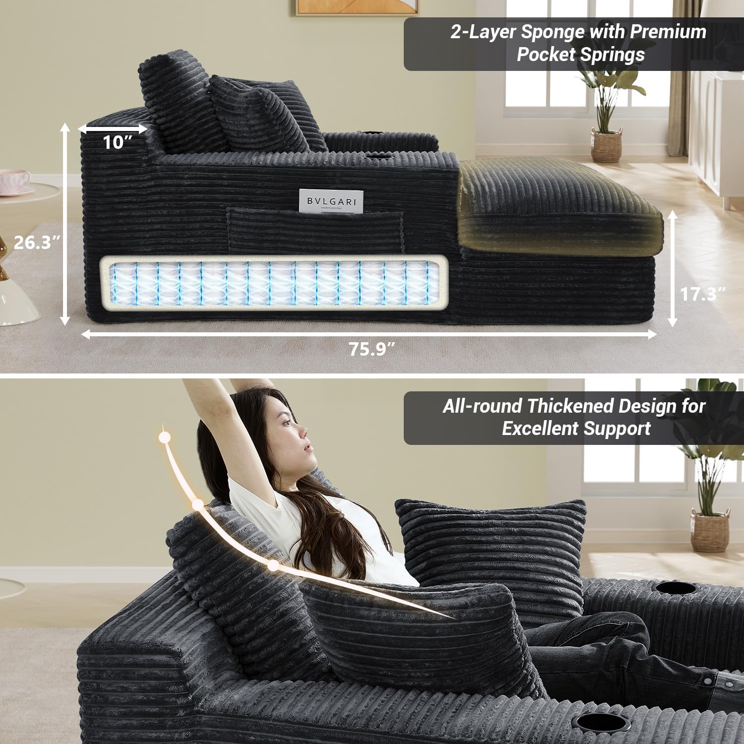49" x 76" Corduroy Chaise Lounge, Cup Holders, Dark Gray | Super-oversized corduroy chaise with deep sleeper seating and built-in cup holders for reading, lounging, or overnight rest.