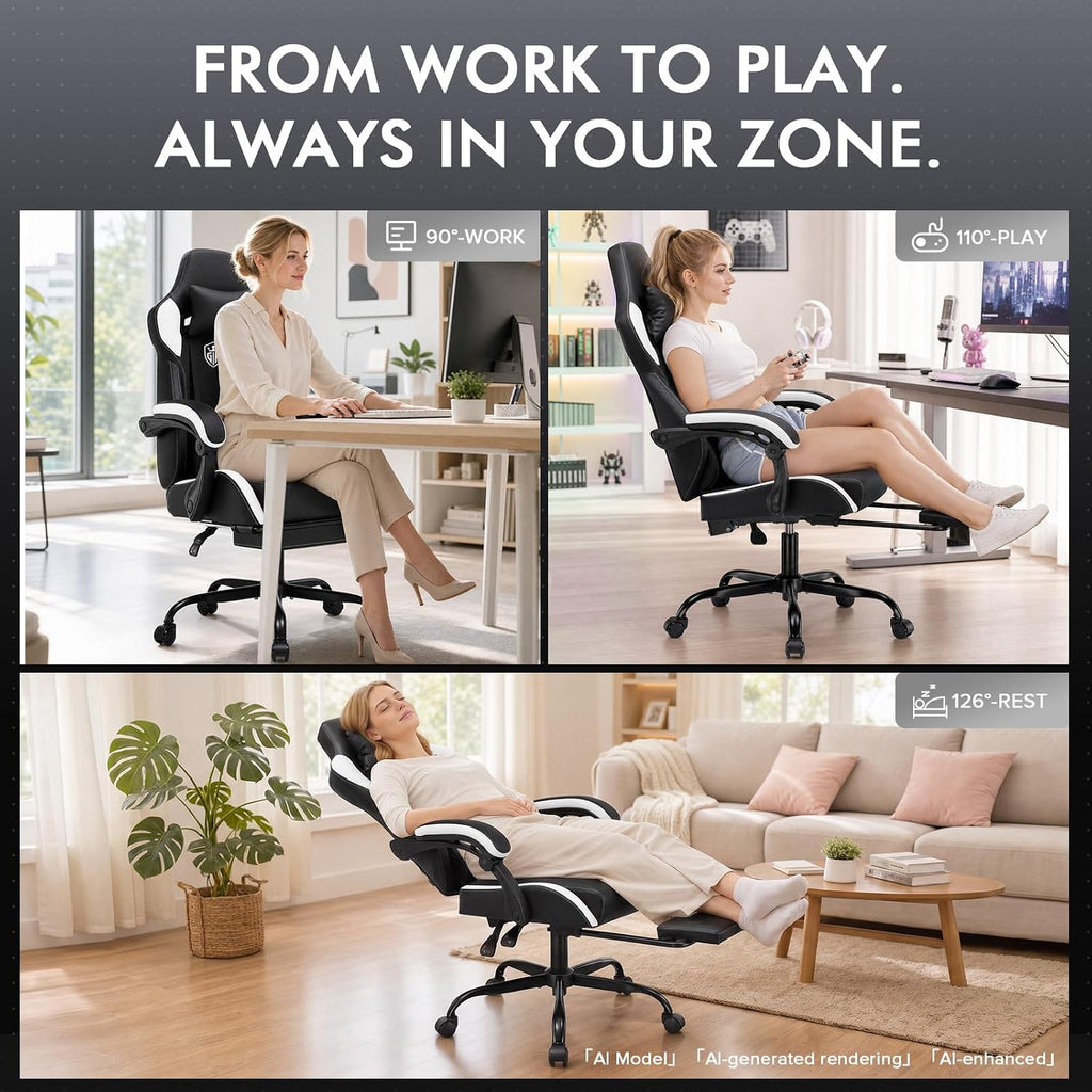 GTPLAYER Gaming Chair with Footrest, High Back Computer Chairs for Adults with Linkage Armrest Lumbar Support Heavy Duty 350lbs Ergonomic Swivel PC Game Chair for Office, White