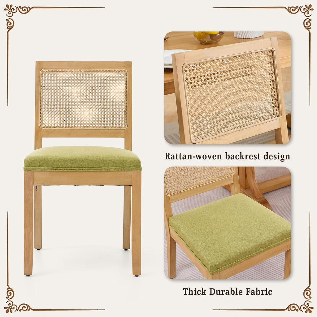 SoarFlash Kitchen French Dining Chairs Set of 4, Vintage Dining Chairs with Rattan Backrest, Wooden Framehouse Chairs for Living Room, Restaurant, Green