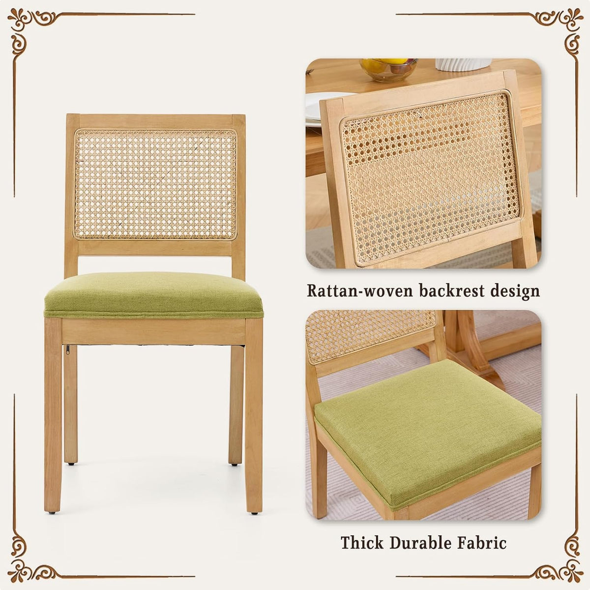 SoarFlash Kitchen French Dining Chairs Set of 4, Vintage Dining Chairs with Rattan Backrest, Wooden Framehouse Chairs for Living Room, Restaurant, Green