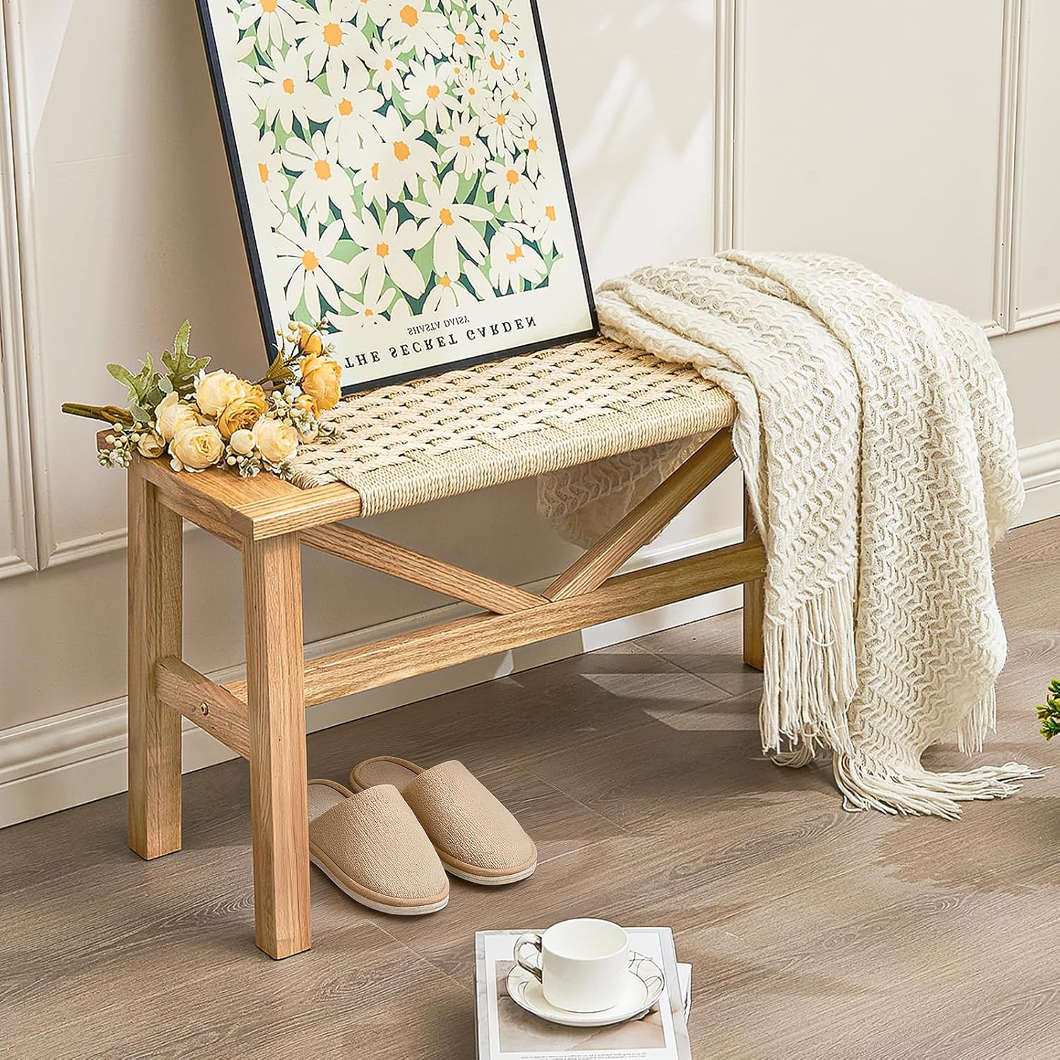 Solid Wood Narrow Bench, 33.46" Woven Bench for Entryway and Hallway, End of Bed Bench with Oak Frame, Boho Accent Bench - 500lbs Capacity (Natural White)
