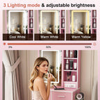 Small Vanity Desk Set with Mirror and Adjustable LED Lights, Compact Pink Dressing Table with Built-in Power Outlet and Hidden Storage, Padded Stool & Shelf, Space-Saving Makeup Table for Bedrooms