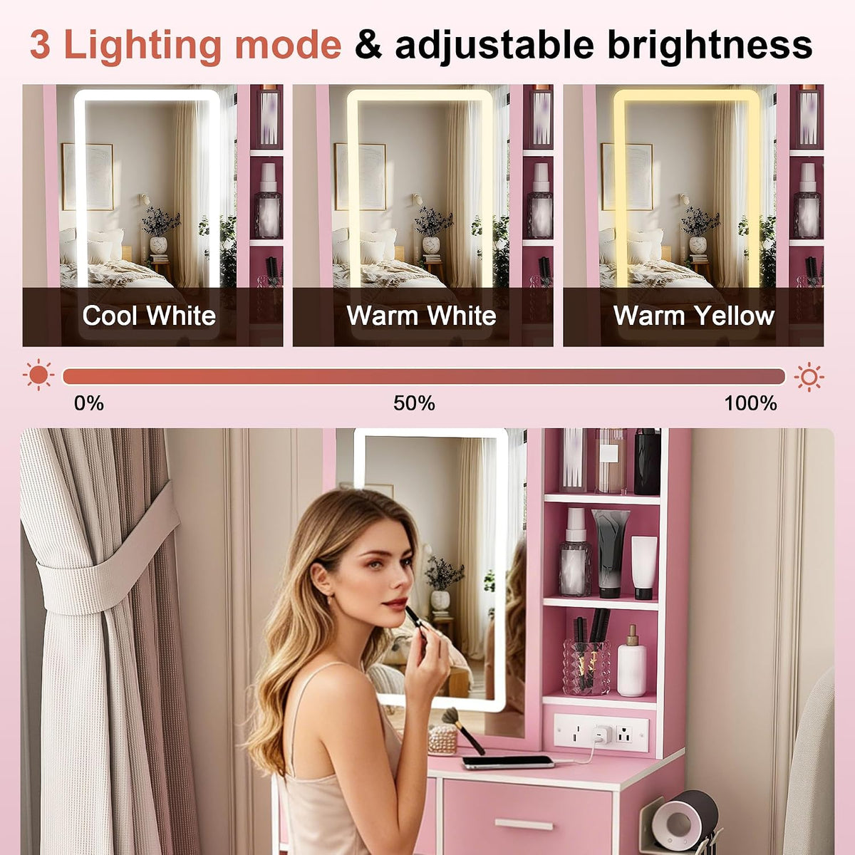 Small Vanity Desk Set with Mirror and Adjustable LED Lights, Compact Pink Dressing Table with Built-in Power Outlet and Hidden Storage, Padded Stool & Shelf, Space-Saving Makeup Table for Bedrooms