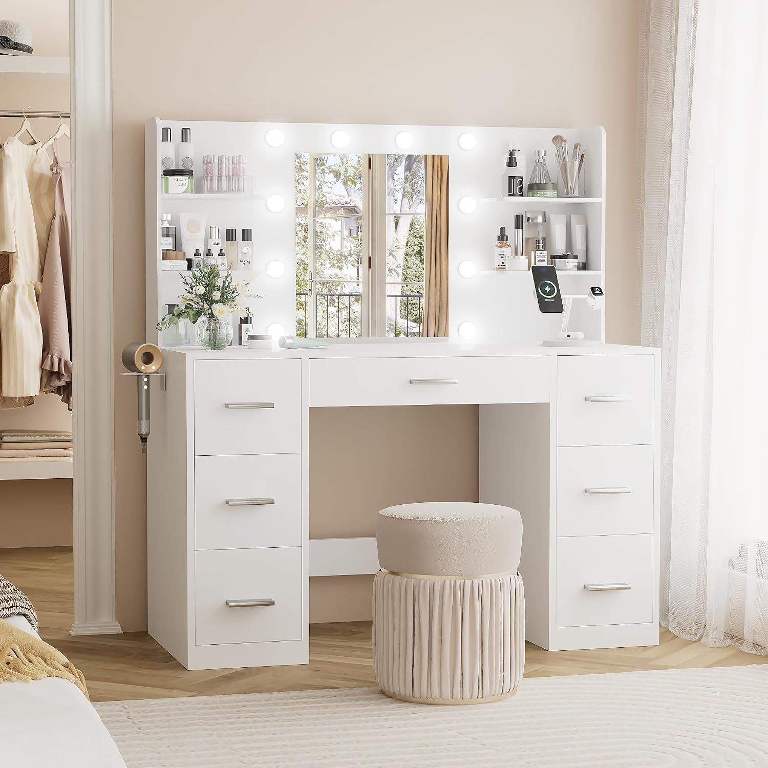 YESHOMY Vanity Desk with Mirror, Outlet, 10 Lights & 7 Drawers,Pure White | Lighted Mirror with 3 Color Modes,Makeup Table,Large Storage Capacity,Available for bedroom