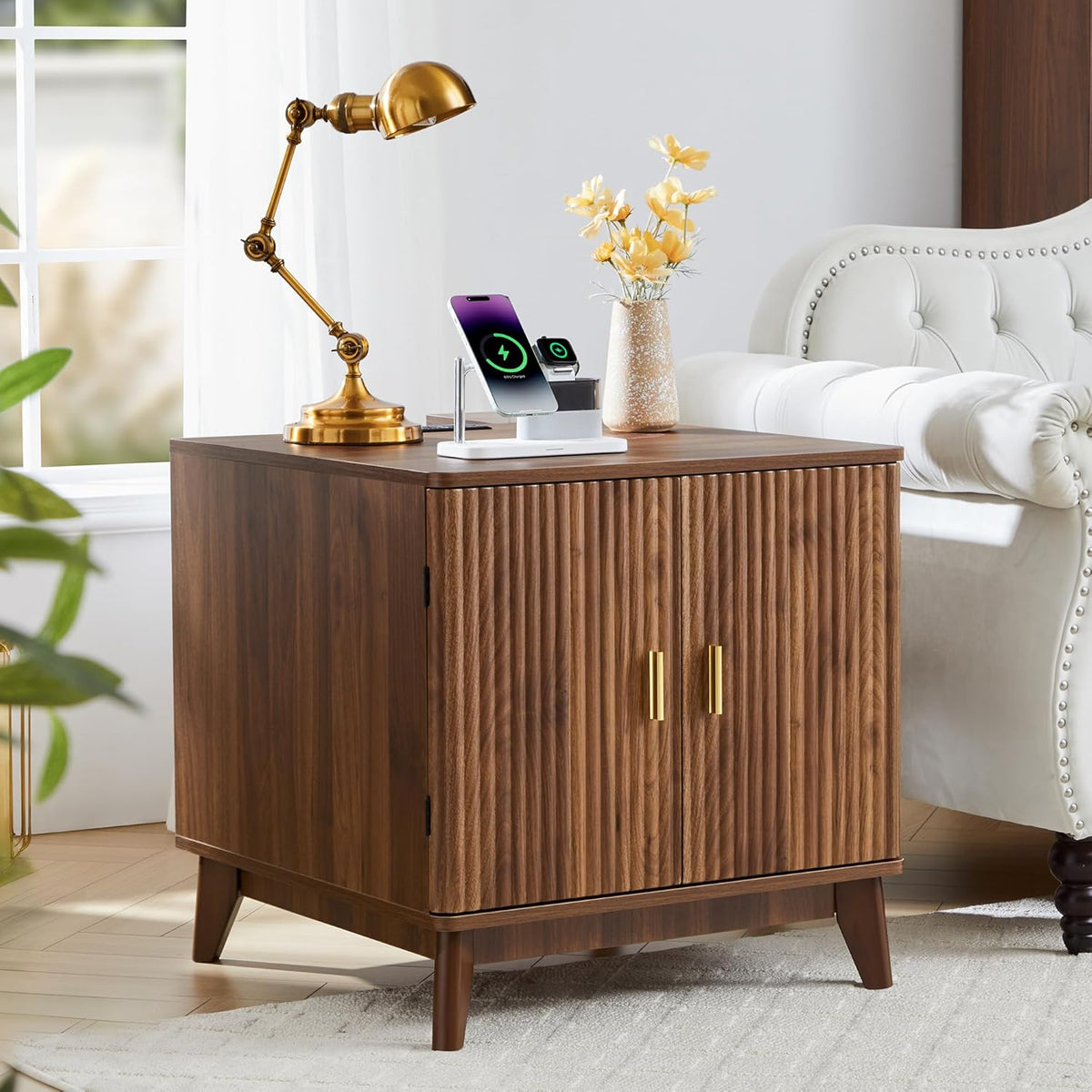 Fluted End Table with Charging Station, 2 Door Side Table with Storage, Mid Century Modern Nightstand for Bedroom Bedside, Living Room Couch Sofa, Office, Desk Side Table for Small Spaces-Walnut