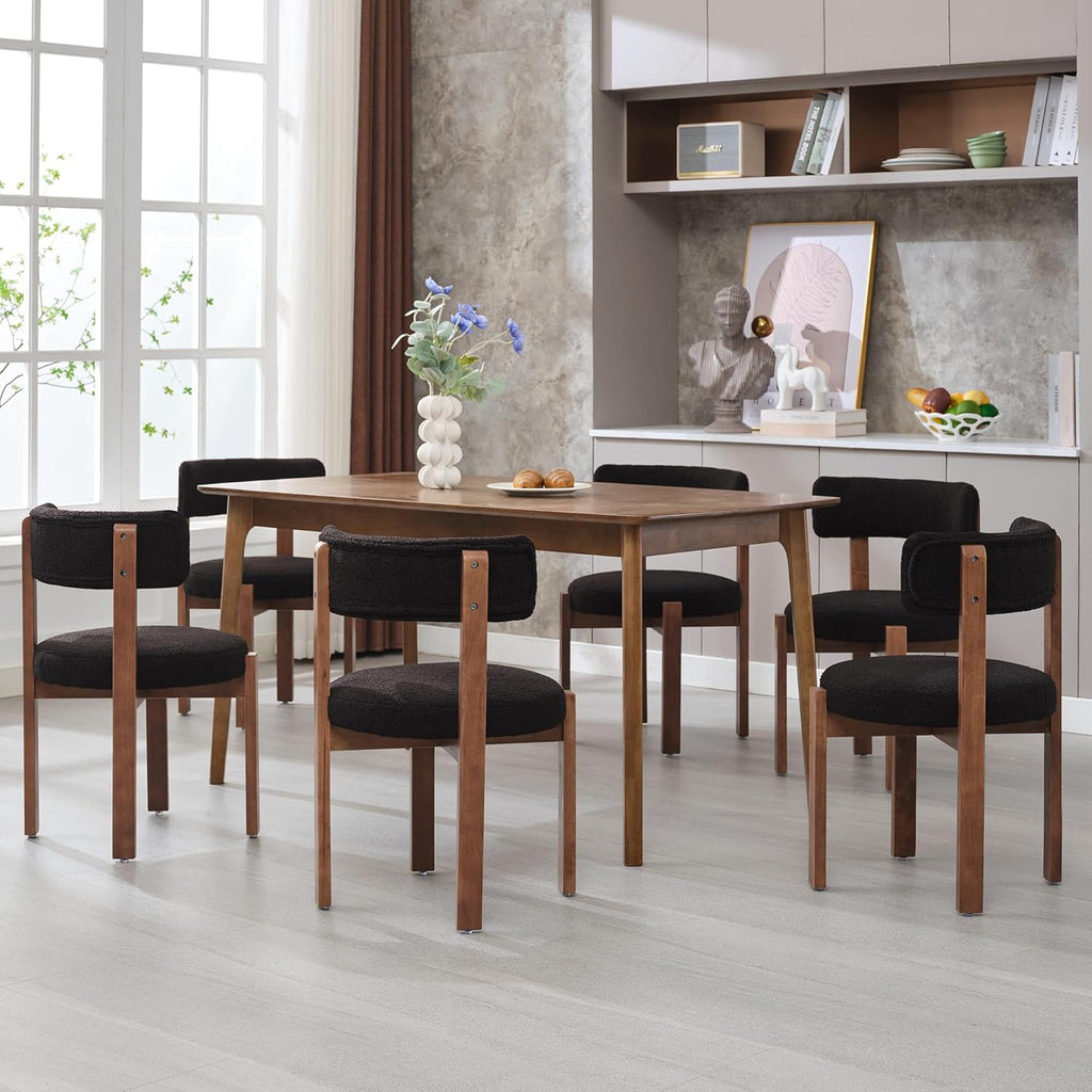 Okeysen Modern Dining Chairs Set of 4, Round Upholstered Armless Kitchen Chairs with Wood Legs Adjustable Foot, Mid Century Boucle Dining Chairs for Dining Room(Black)