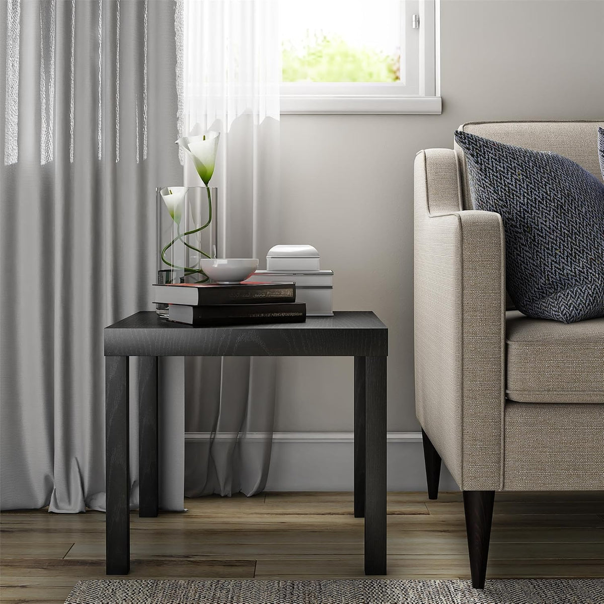 Oak Finish End Table – Sturdy, Water-Resistant, Minimalist, Easy Assembly for Small Spaces, 20” W x 20” D x 17.5” H (Black Oak)