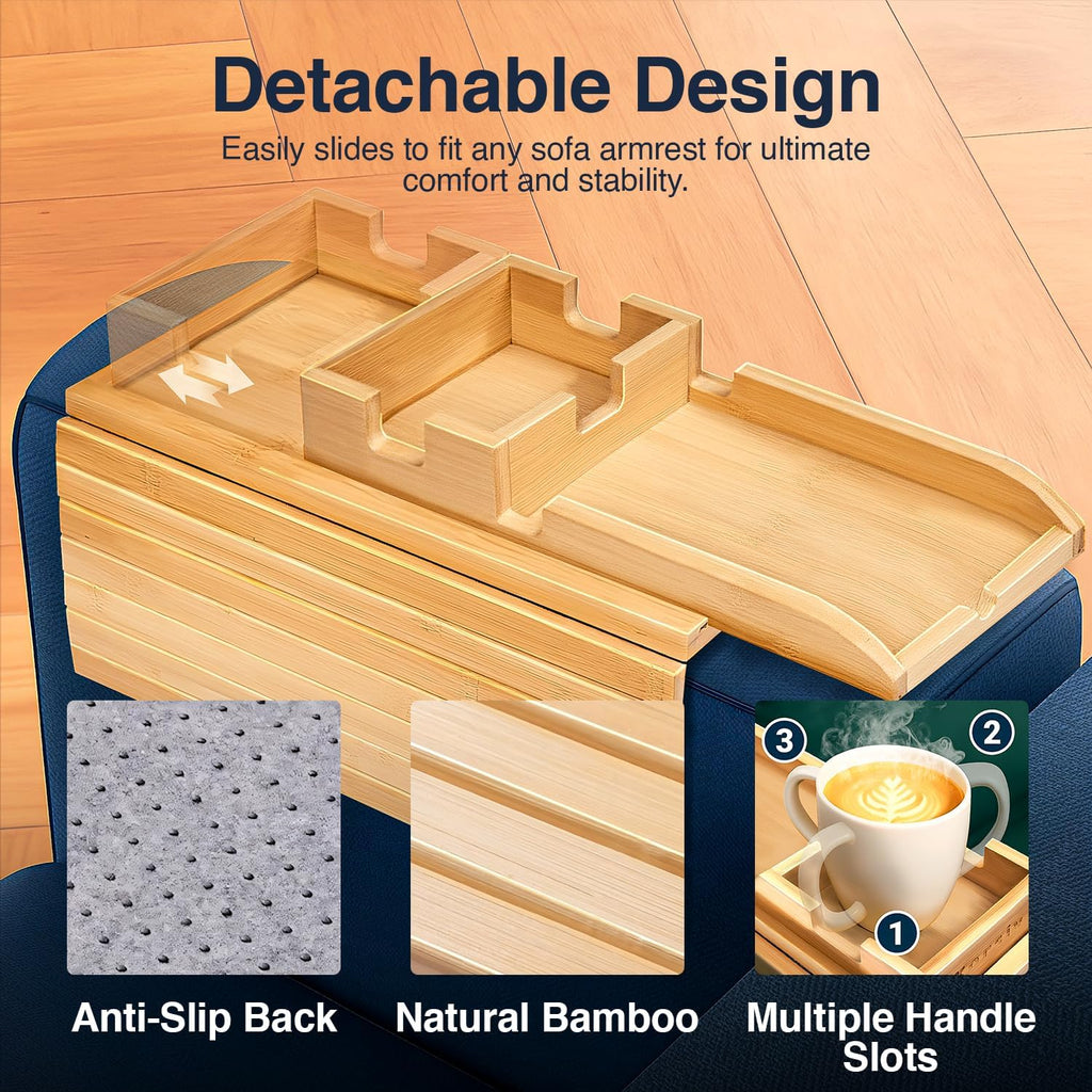 Bamboo Sofa Armrest Tray - Couch Arm Tray with Detachable Couch Cup Holder - 2 in 1 Anti-Slip Foldable Sofa Armchair Caddy Table - Cup Holder for Drinks Cellphone TV Remote Snacks