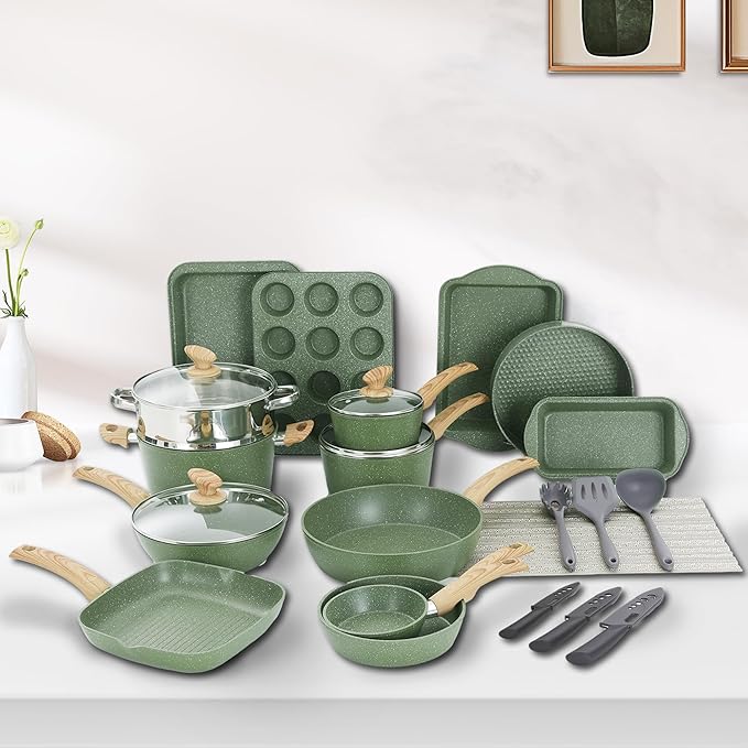 30 Piece Pots and Pans Set Non Stick, Nonstick Induction Granite Kitchen Cookware Sets, Induction Cookware and Bakeware Set, Nonstick Granite Cooking Set, Pan Sets for Cooking, Green