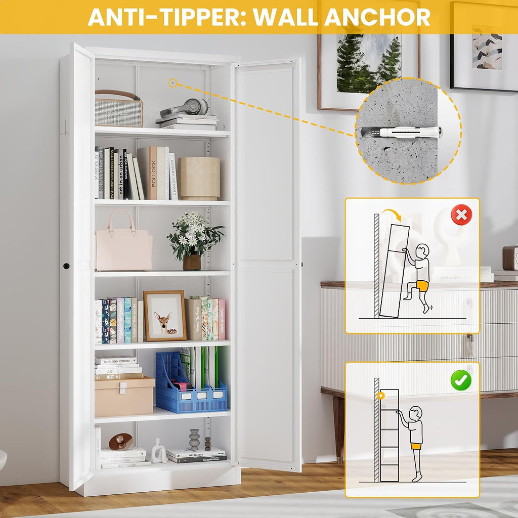 White Kitchen Pantry Cabinet, 72" Tall Metal Storage Cabinet with 2 Door and 5 Adjustable Shelves, Pantry Cabinets for Kitchen Storage, Assemble Required